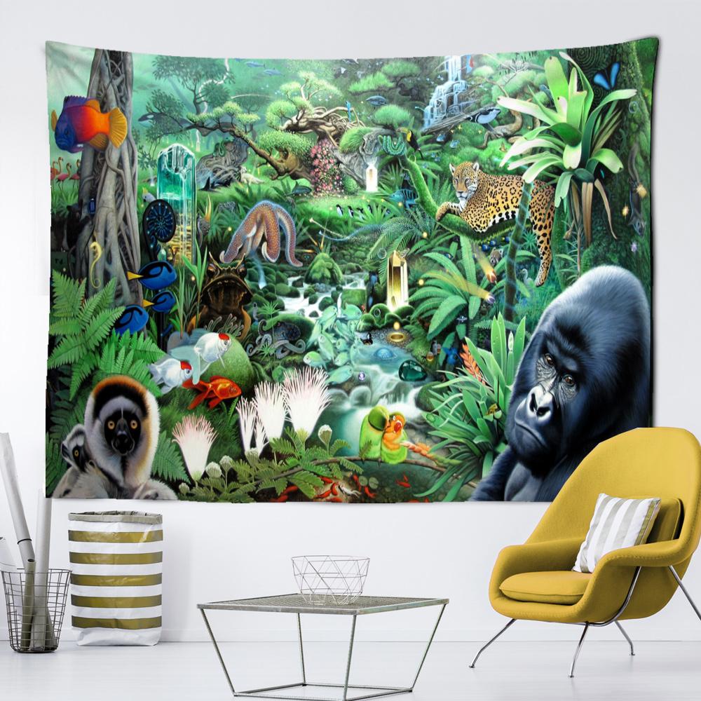 Cartoon Animal World Tapiserie Dinosaur Ilustrace Nástěnná závěsná místnost Hippie Dekor Obývací pokoj Ložnice Bohémský