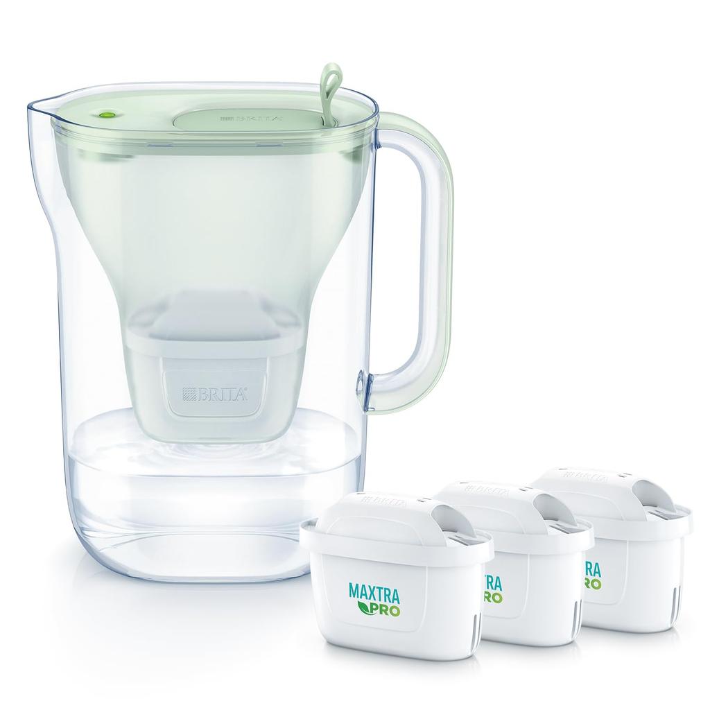 PFOS/PFOA removal tested Brita Style Eco water filter pitcher type, powder green, includes 3 cartridges.