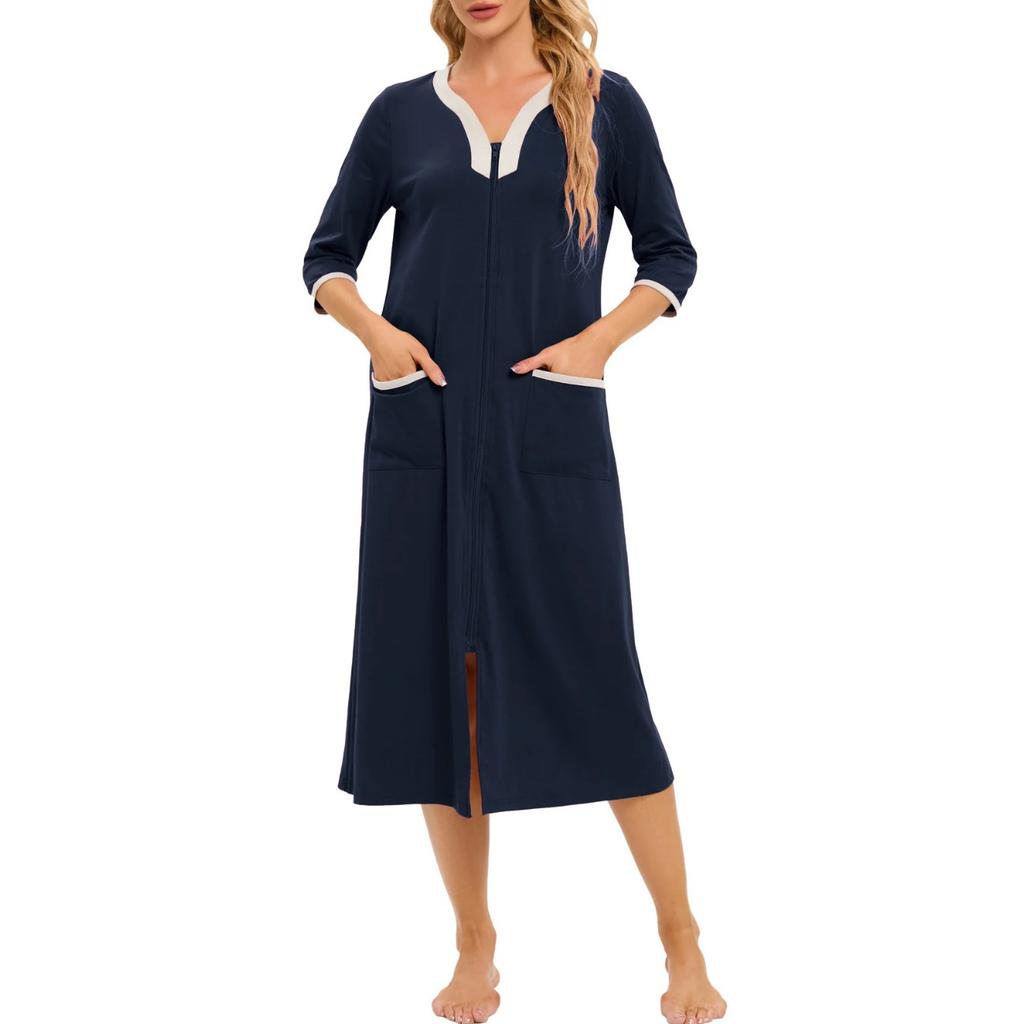 Cremallera Ropa de Dormir para Mujer Pijama Vestido de Maternidad Manga 3/4 Lactancia Bebé Lactancia Camisón Vestido de Embarazo