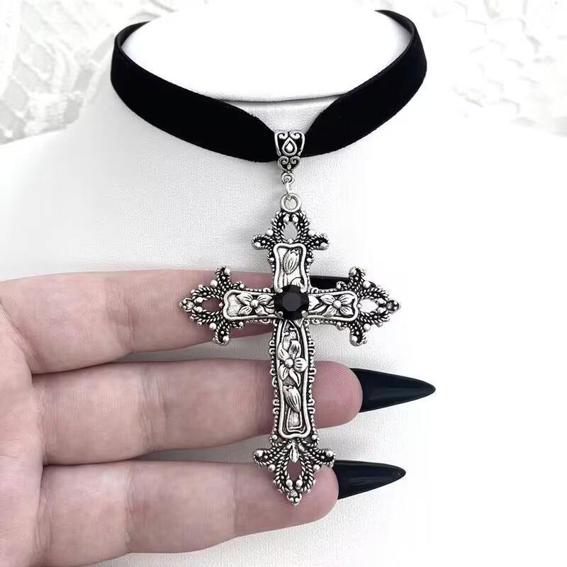 Gothic Cross Velvet Choker Necklace - Fashionable Punk Jewelry for Women