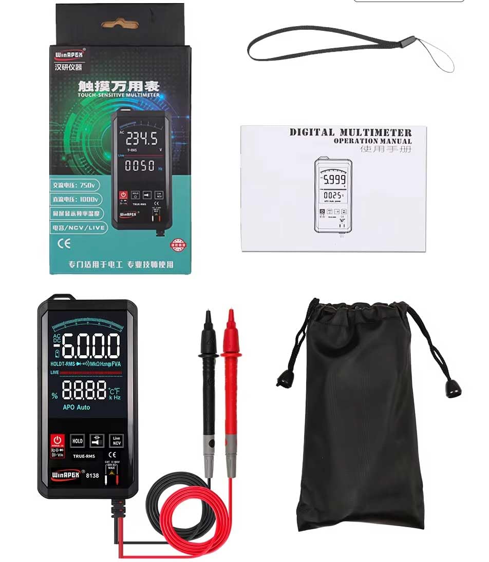 

8138 Сенсорний Цифровий 6000 Напруга NCV Напруга Струм Опір Провідність Діод Частота Температура Зонд Кліщі Дисплей Цифри Мультиметр,