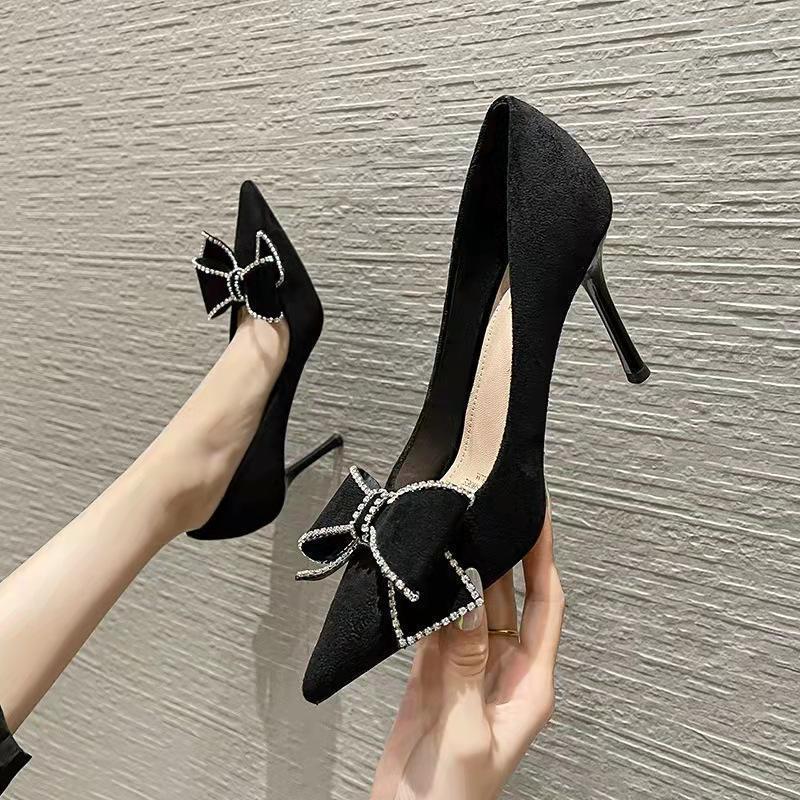 High heels women's spring 2025 new black bow rhinestone pointed thin heel versatile non-slip women's single shoes large size