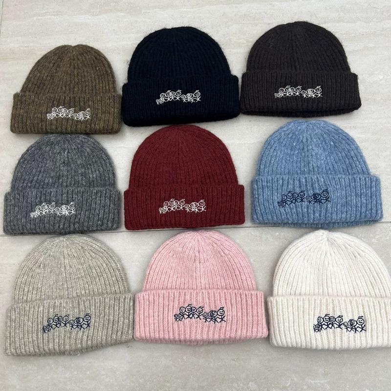 Stickman Embroidered Knit Beanie for Women, Autumn Winter Trendy Cold Hat, Slim Face, Versatile Warm Pile Wool Hat, Fits Big Head Circumference