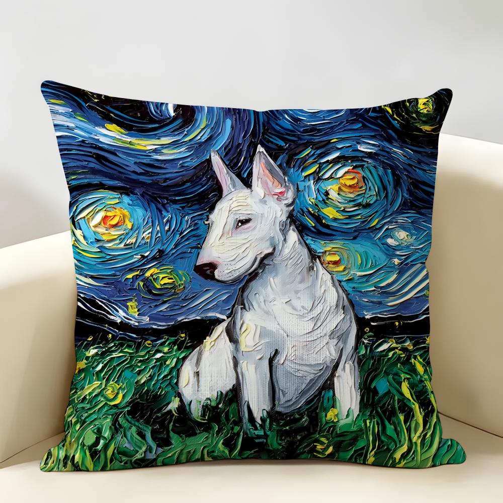 Housse de Coussin Série Bull Terrier Dessin Animé Lin Naturel Tissu Biologique Impression Double Face Décoration de Chambre Canapé Housse de Coussin