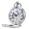 TREEWETO Mechanical Pocket Watch Railway Antique Skeleton Roman Numeral Silver with Chain
