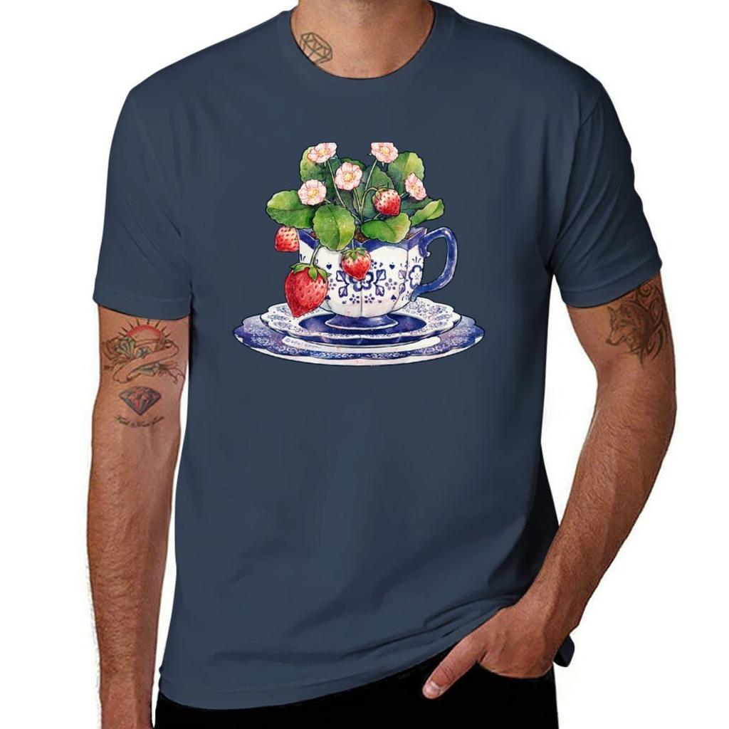 Teacup with Strawberry Plant TShirt Fashion Letter Print TShirt