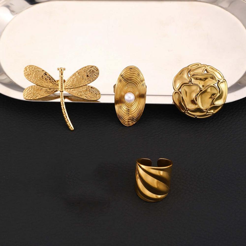Stainless Steel Dragonfly Rings for Women Men Vintage Gold Color Pearl Flower Rings Waterproof Wedding Party Jewelry Gift