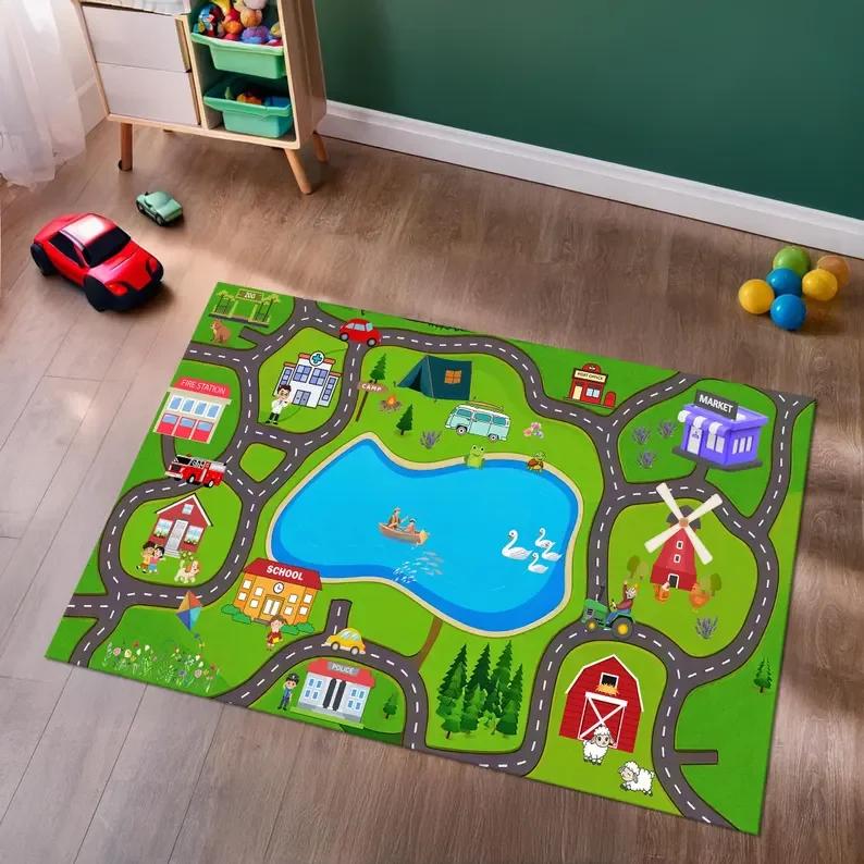City Road Map Rug Play Room Carpet Activity Mat, Nursery Décor Kids Room City Map for Kids, Education Rug Kids Play Mat Game Mat 40x60cm