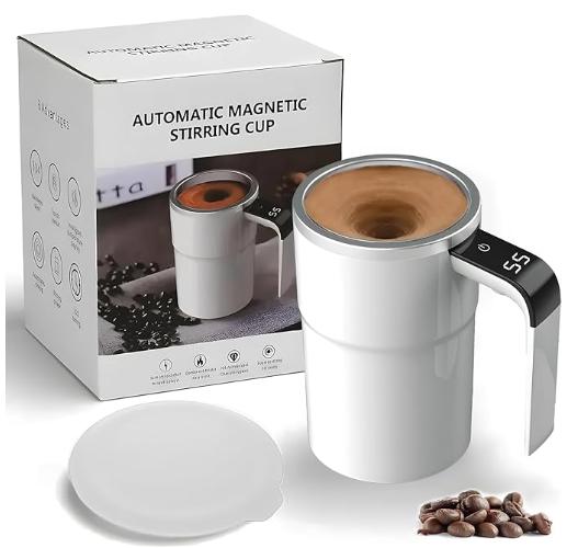 Automatic Stirring Mug with LED Temperature Display, Rechargeable Magnetic Coffee Cup with Lid - 12oz for Home or Office.