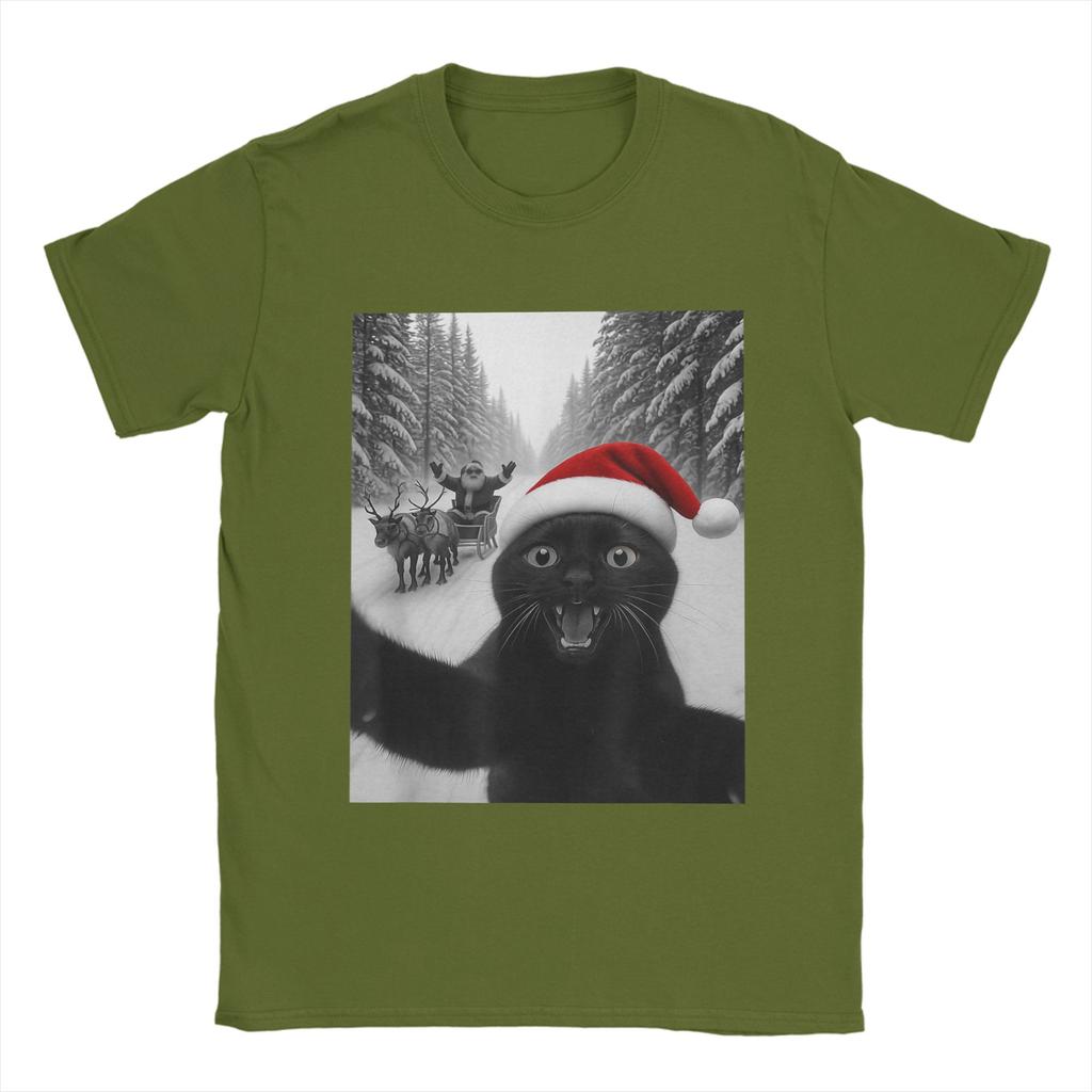 Lustiges Katzen-Selfie mit dem Weihnachtsmann Weihnachts-T-Shirts für Herren Tolle T-Shirts Kurzarm Rundhals-T-Shirts Neu eingetroffene Kleidung