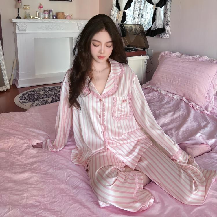 Love Striped Pink Ice Silk Pajamas Female Cute Wind Soft and Comfortable Loungewear 1 Autumn New Girlfriend