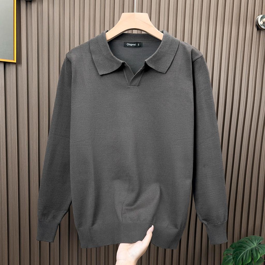 Men's Fine Knit Lapel Polo Sweater: Cozy, Skin-Friendly, Long Sleeve, Trendy, Loose Fit, High-End Feel.