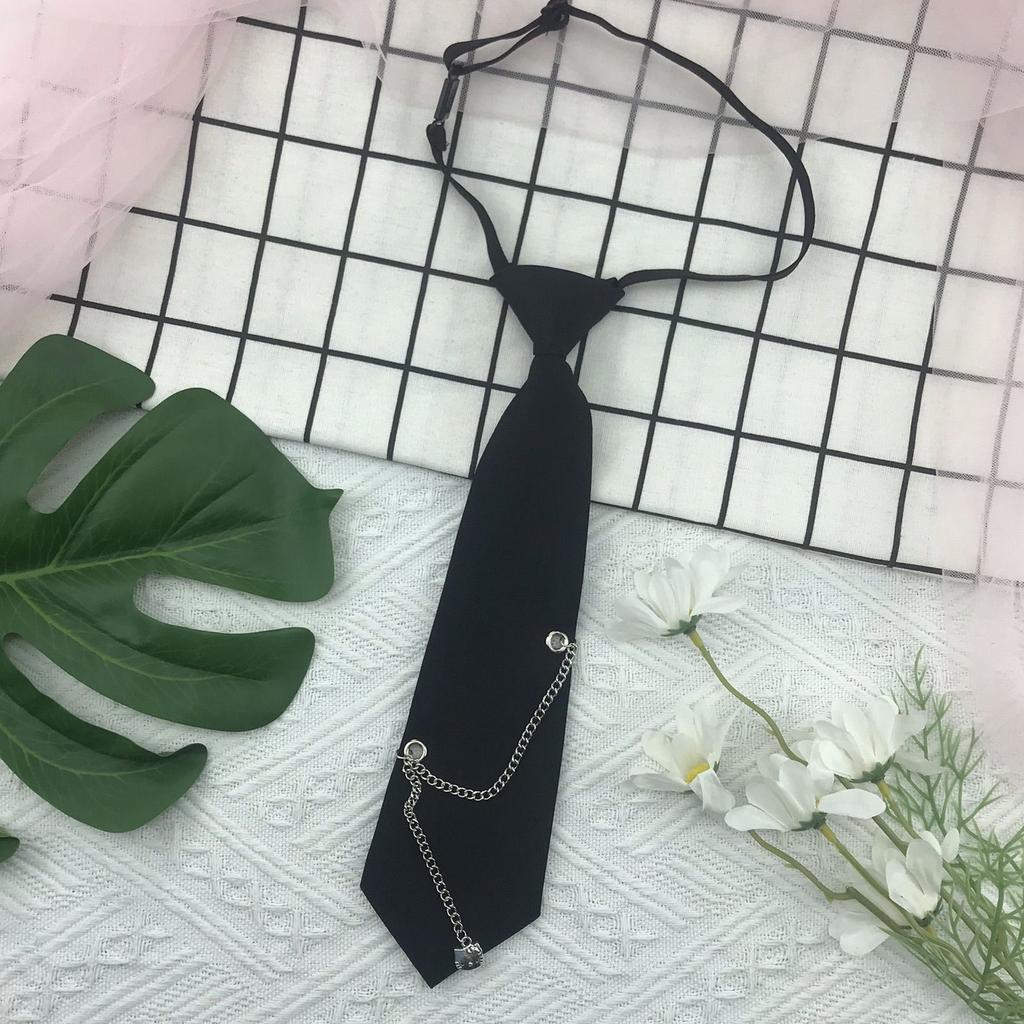 Japanese Gothic Black Neck Tie with Metal Chain Tassel School Student Pre-Tied Adjustable Necktie for Uniforms
