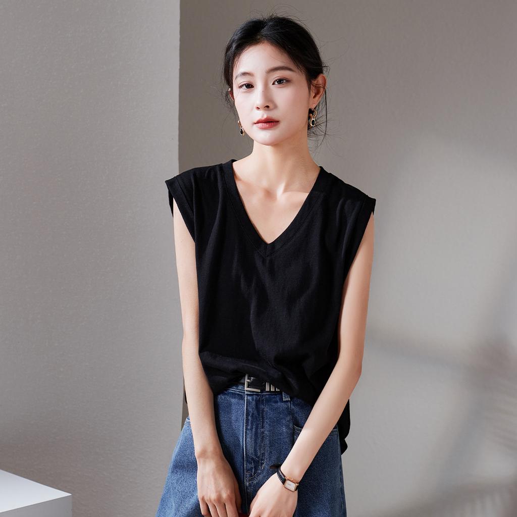 Simple Commuting V-Neck Sleeveless Vest T-Shirt for Women