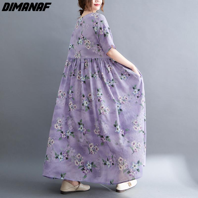 DIMANAF Plus Size Linen Summer Dress Beach Sundress  Floral Casual Purple Women Clothing