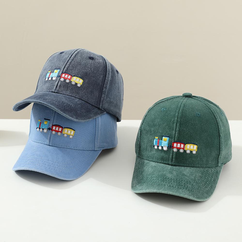 Children's hats, small trains, embroidery washed baseball caps, spring and autumn boys and girls outdoor sunshade peaked caps