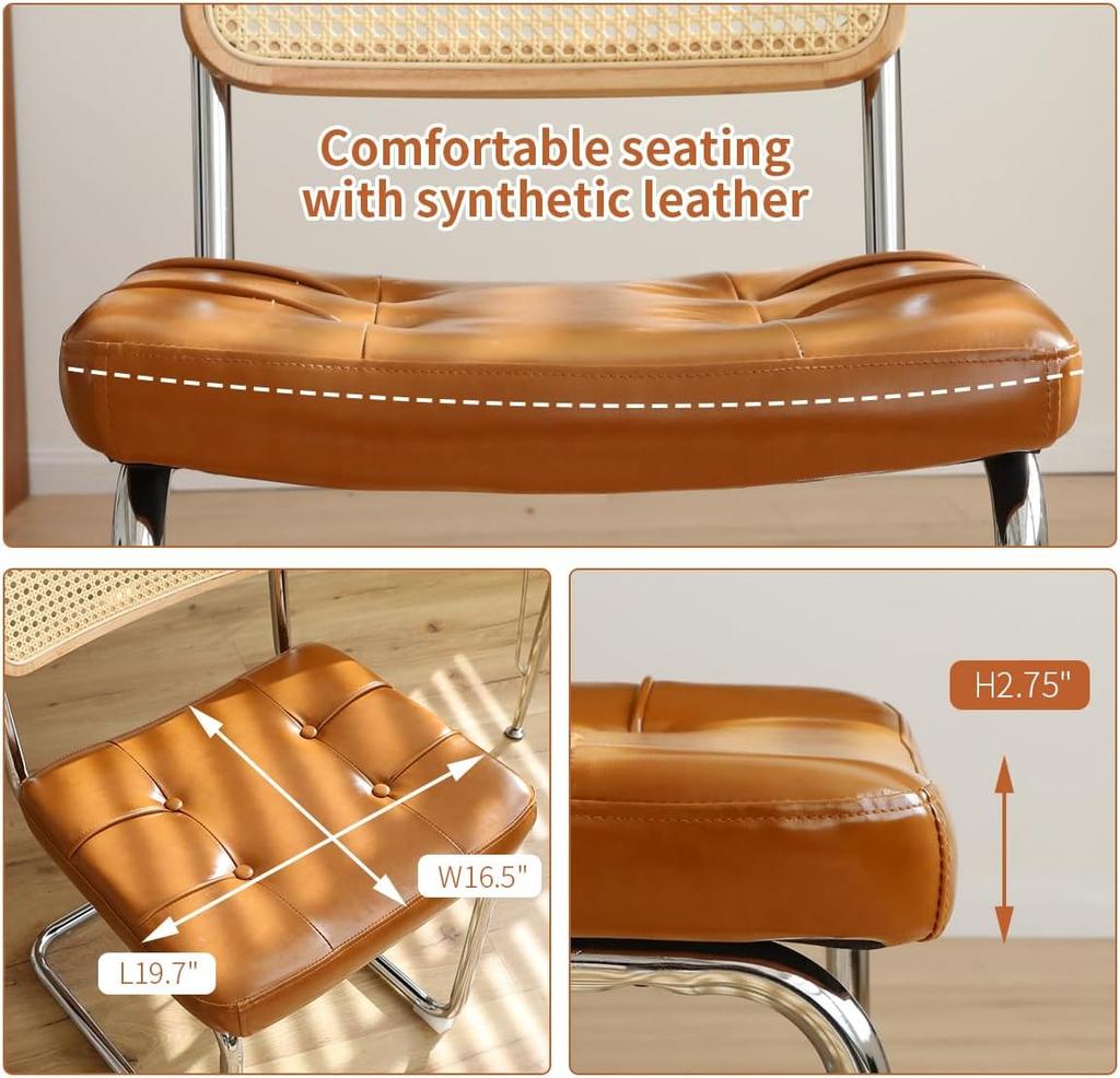 Faux Leather Rattan Side Accent Chairs with Chrome Legs,Modern Mid Century Designed Chairs for Dining,Living Room,Kitchen Chairs