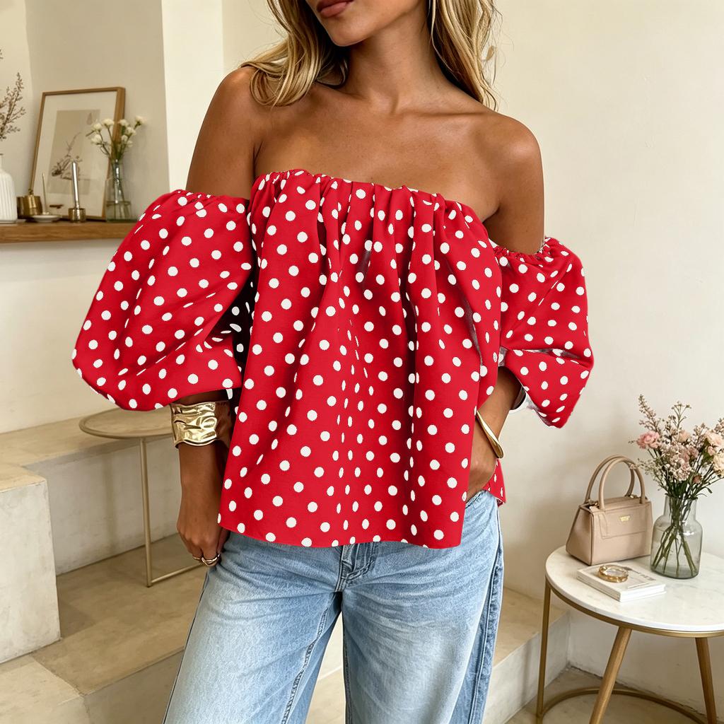 Women Off Shoulder Polka Dot Blouse Puff Sleeve Elastic Neckline Casual Loose Fit Pullover Top Summer Fashion