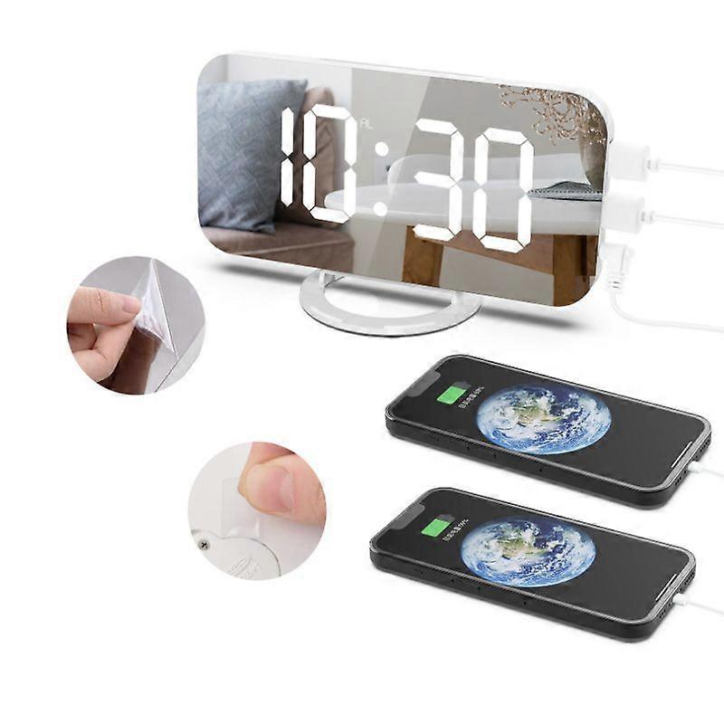 Large LED Display with Dual USB Charger Ports | Auto Dimmer Mode | Easy Snooze Function, Modern Mirror Desk Wall Clock for Bedroom Home Office for All