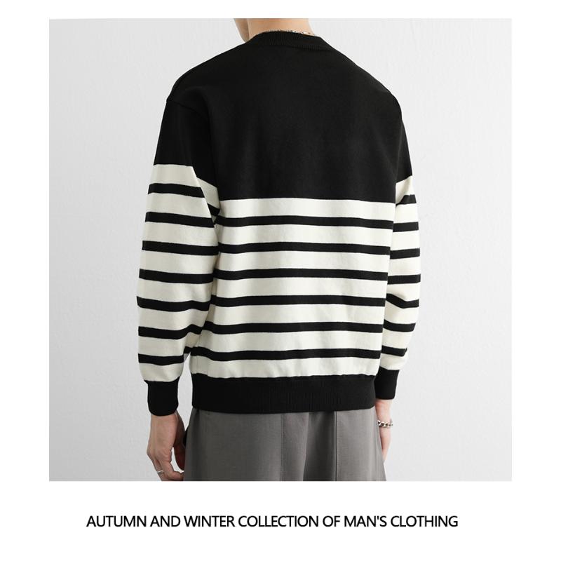 Pullover Button Contrast Striped Versatile Sweater for Men's Casual Fashion Knit Top
