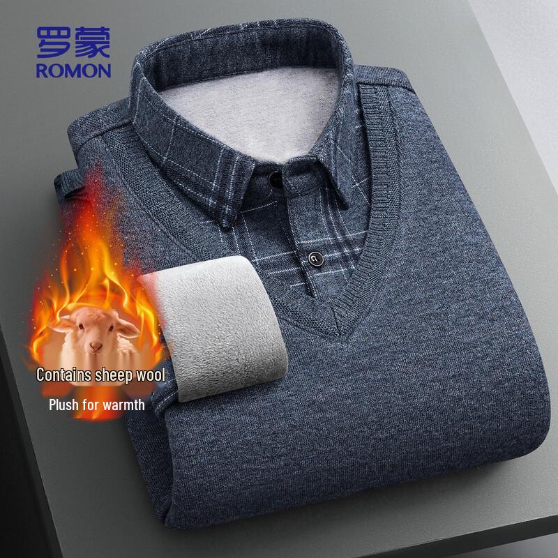 ROMON Men's Fleece-Lined Wool Blend Knit Shirt Collar Sweater