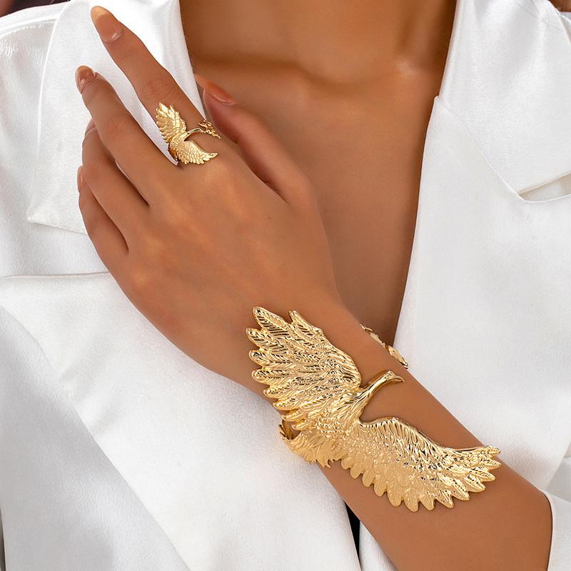 2 Pcs Gold Phoenix Cuff Bracelet Ring Set Exquisite Carved Details Adjustable Size Great For Party Prom Gift