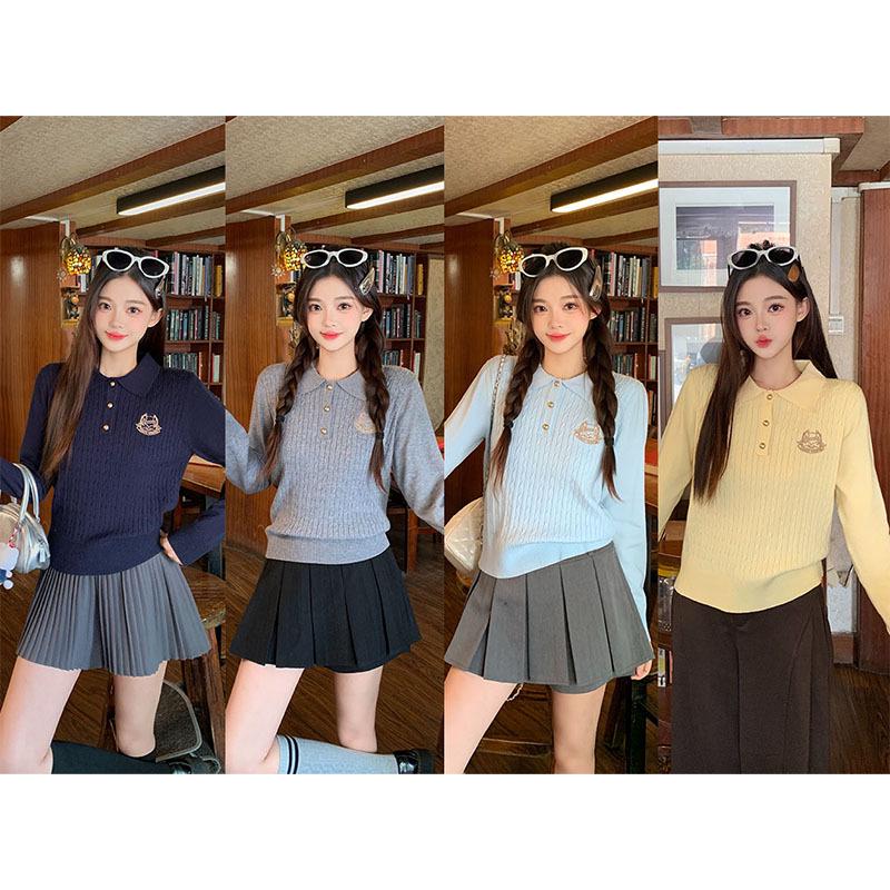 2026 Spring College Style Embroidered Slimming Long Sleeve Polo Knit Top XL светло-синий