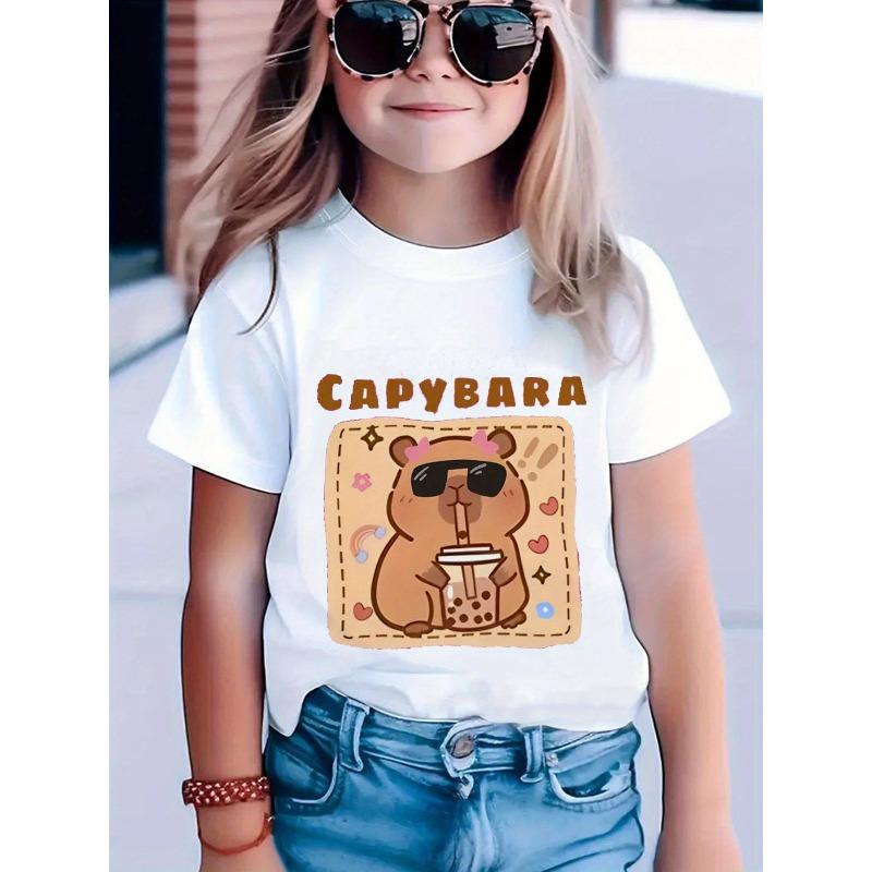 Girls Crew Neck Short Sleeve T-Shirt with Capybara Tea Print 110 белый