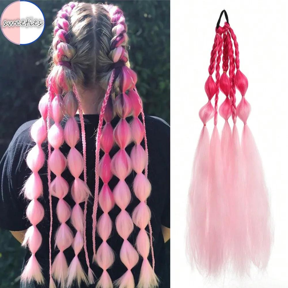 60CM Color Bubble Braid Synthetic Wig Fashion Hip-hop Color Gradient Ladies Wig Simulation Natural High Temperature Silk Hair