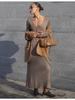 Women's Knitted Dress Elegant V Neck Thick  A-line Dress Brown Long Sleeve Vintage Midi Casual Dresses for Women