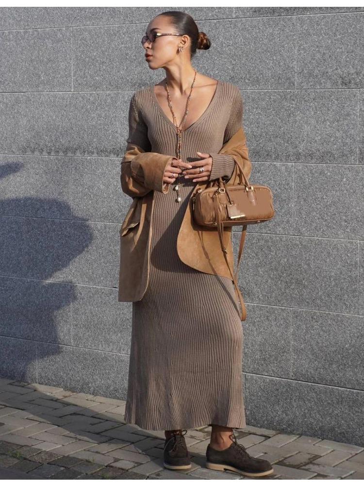 Women's Knitted Dress Elegant V Neck Thick  A-line Dress Brown Long Sleeve Vintage Midi Casual Dresses for Women