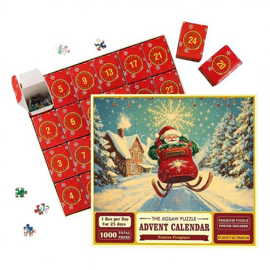 1000Pcs/Set Christmas Jigsaw Puzzle Advent Puzzle 2025 24 Days Educational Puzzle Xmas Countdown Calendar Decoration Holiday Party Gift