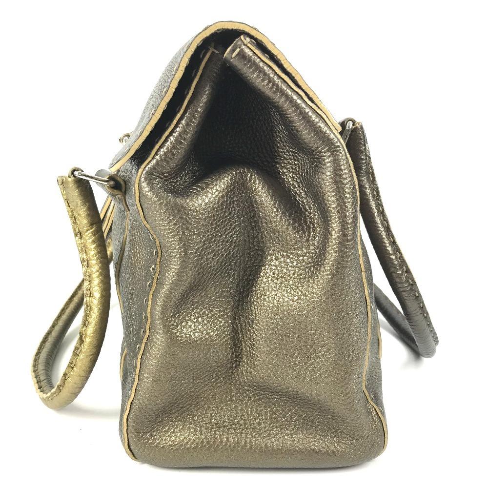 Fendi Selleria Stitch Tote Bag Flap Hand Bag Leather Metallic Gold Based