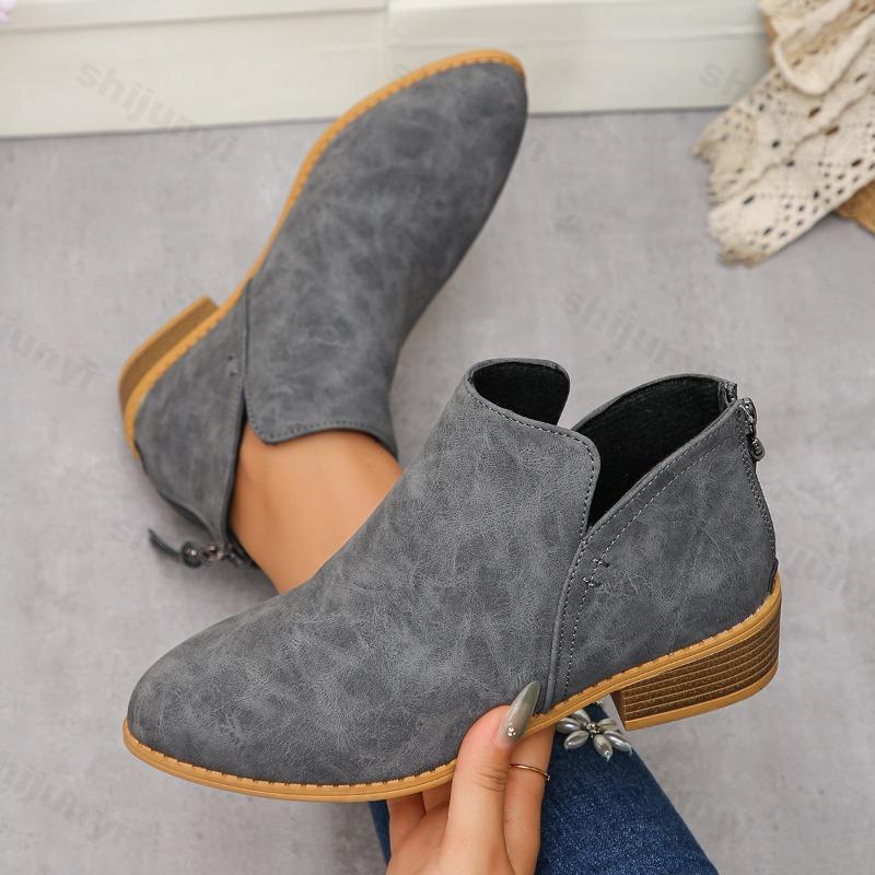 Ankelstövlar för kvinnor 2026 Höst Rund Tå Tjock Klack Bakre Dragkedja Avslappnade Korta Stövlar Konstläder Bekväma Kvinna Botas Mujer