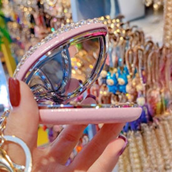 Folding Mirror Keychain Women Portable Makeup Mirror Rhinestone Faux Pearl Chain Sparkling Mirror Pendant for Touch-Ups Handbag