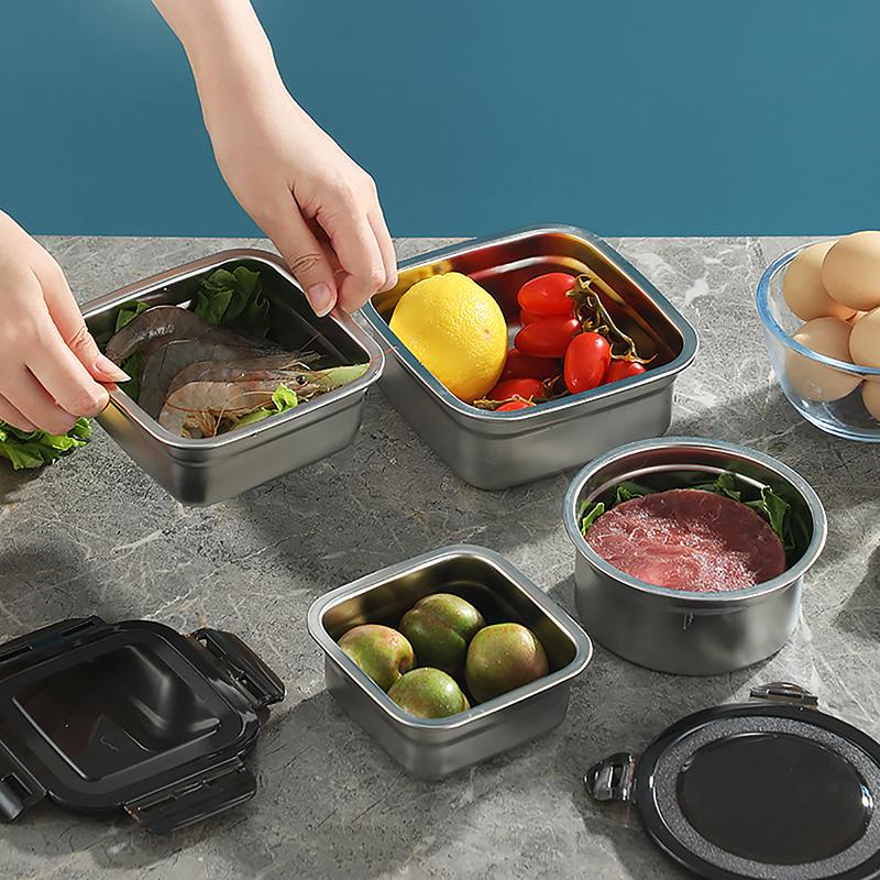 Stainless Steel Food Container Fresh Keeping Box Sealed Lid Crisper Lunch Meal Prep Storage Fridge Kitchen Set Round Square Bowl