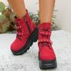 Fashion Wedge Cotton Boots Winter New Round Toe Front Lace-Up Rivet Metal Buckle Platform Anti-Slip Wear-Resistant Short Shoes