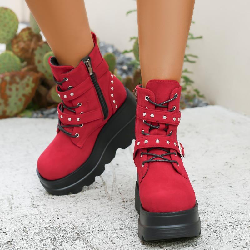 Fashion Wedge Cotton Boots Winter New Round Toe Front Lace-Up Rivet Metal Buckle Platform Anti-Slip Wear-Resistant Short Shoes