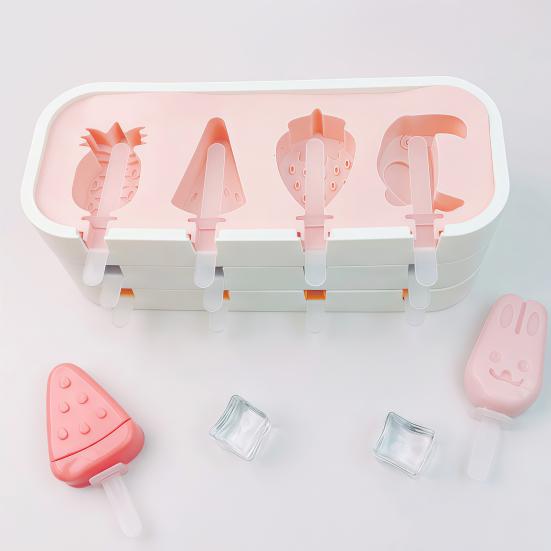 Ice Cream Mold with Anti-Spill Dust-Proof Cover Food-Grade Silicone 4 Compartments Reusable Popsicle Maker for Kids Jelly Mousse Homemade Treats