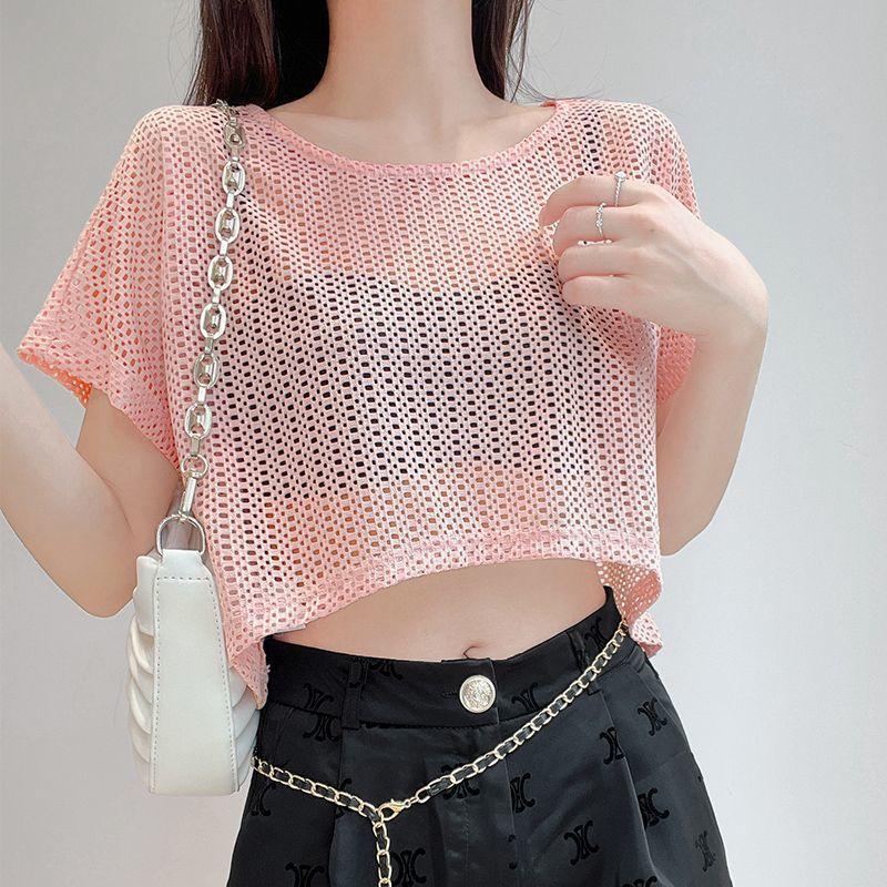 WTEMPO Women Hollow Out Crochet Knit Top Short Sleeve Crewneck Mesh See Through Cropped Beach Cover Up Blouse S