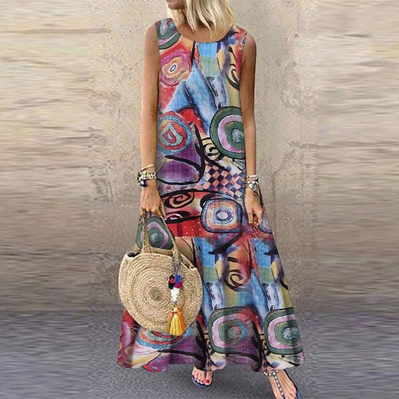Women Plus Size   Floral Print Vintage Sleeveless Long Maxi Dress