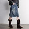 Chuyu Women's Lyocell Cotton Frayed Hem Denim Midi Skirt