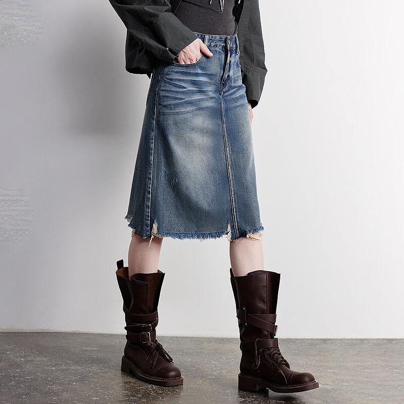 Chuyu Women's Lyocell Cotton Frayed Hem Denim Midi Skirt