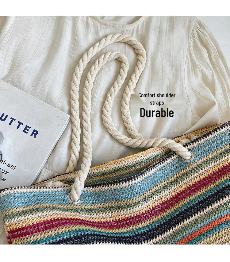 Summer 2026 Women's Straw Tote: Rainbow Weave, Large Capacity, Vacation Style Handbag