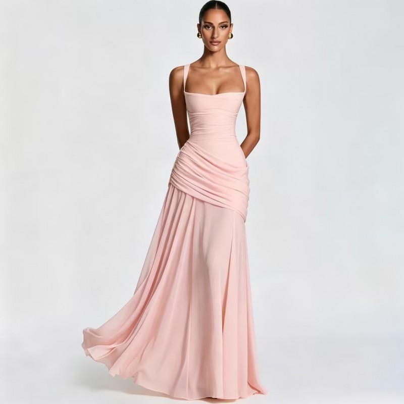 2026 Womens Sleeveless Solid Color Slim Waist Flowy Maxi Dress Party Date