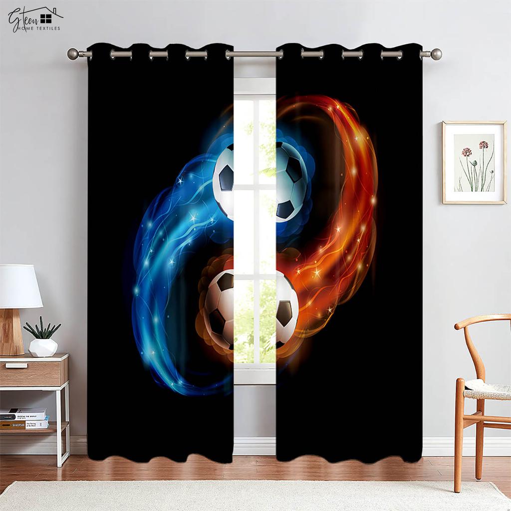 Cooles Wasser und Feuer Fußball Heißblütig 3D-gedruckte Vorhänge Geeignet für Schlafzimmer Wohnzimmer E-Sports Dekorative Vorhänge 2 Stück
