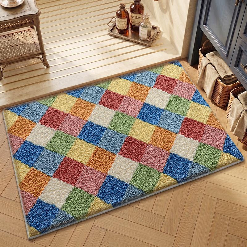 Nordic Korean Style Colorful Plaid Bathroom Mat Super Absorbent Non-Slip Soft Floor Rug Dopamine Home Decor for Bedroom Bathtub