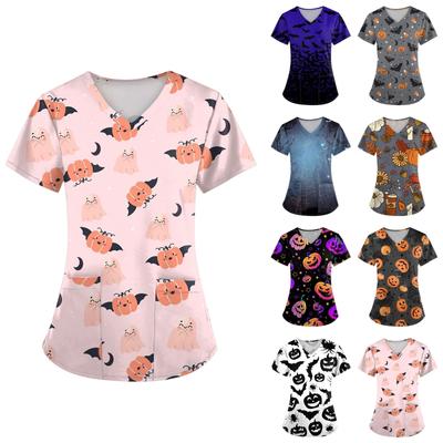 Damen Kurzarm Halloween Bedrucktes V-Ausschnitt Taschen Uniformoberteil