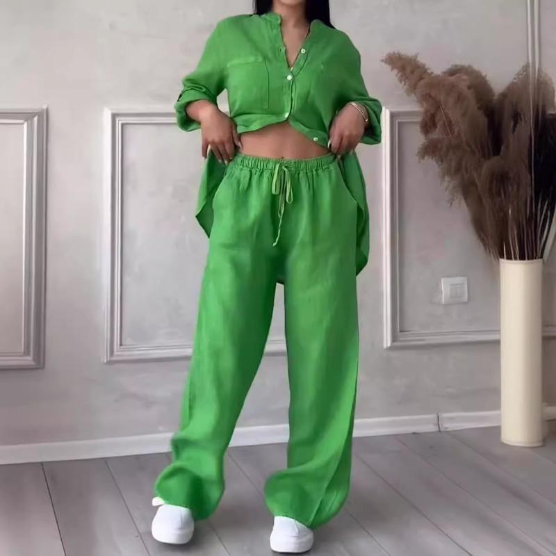 İlkbahar ve Sonbahar Kadın Düz Renk Tek Sıra Düğmeli Uzun Kollu Gömlek Geniş Paça Pantolon Bağcıklı Pantolon Takımı