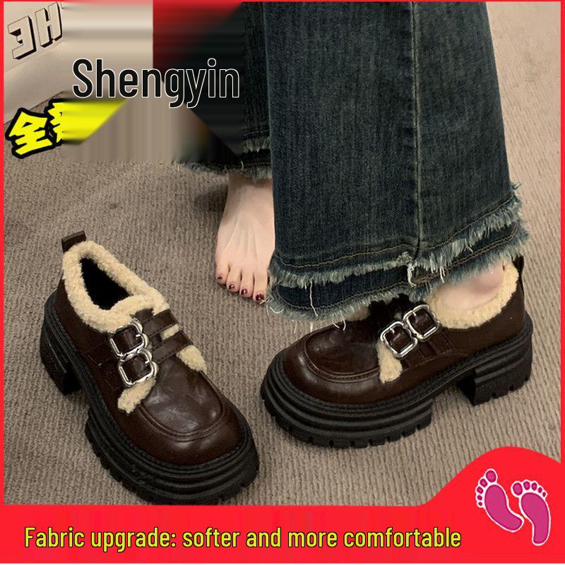 Damen Britischer Stil Fleecegefütterte Doppel-Schnallen Slipper - Dicksohlige, Vielseitige, Warme Lederschuhe